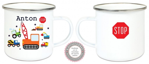 ♥ zauberhafte Tasse Emailletasse, Becher,  Baustelle, Fahrzeuge, Bagger, Traktor, Kran, Kipper, Sterne Name,  Wunschname, KITA Kindergarten, Einschulung, Dankeschön, Abschied, Jubiläum, Geschenk, Becher von Lüttentüddel